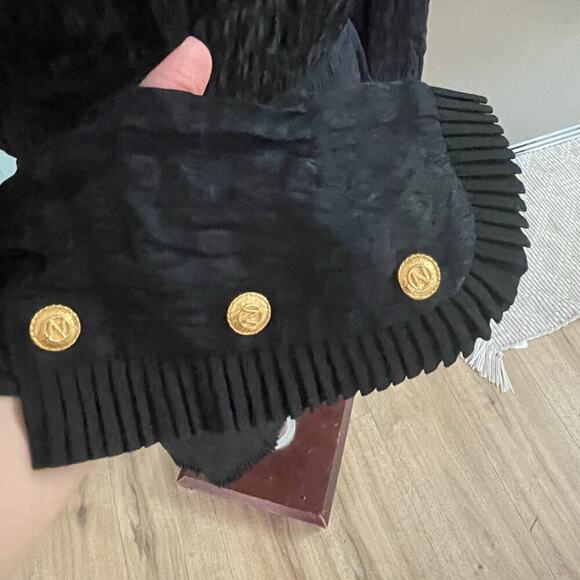 Albert Nipon Vintage Black Silk Dress 4 Pleated Trim Gold Button Back Shoulder - Picture 7 of 7